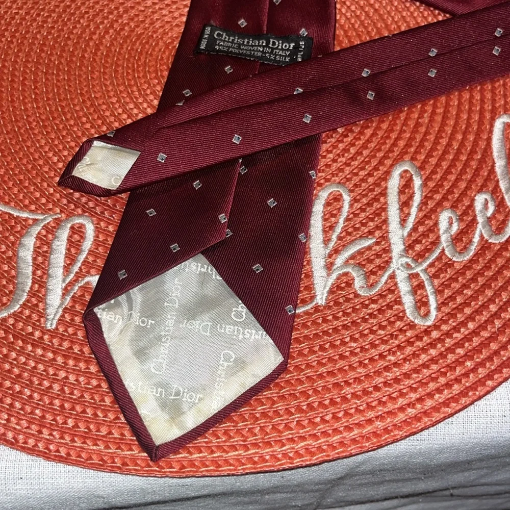 Vintage Christian Dior Silk Blend Necktie Red, Gold & Blue Diamond Polka Dot EUC